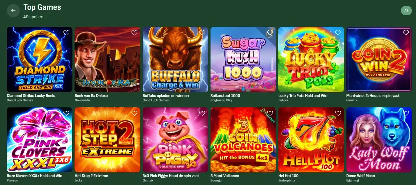 Actuele Betsixty casinlobby met speltegels, categorieën en providerinformatie