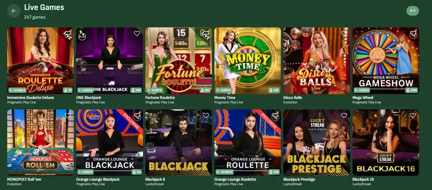 Actuele Betsixty live-casinolobby met roulette-, blackjack- en andere live dealer tegels
