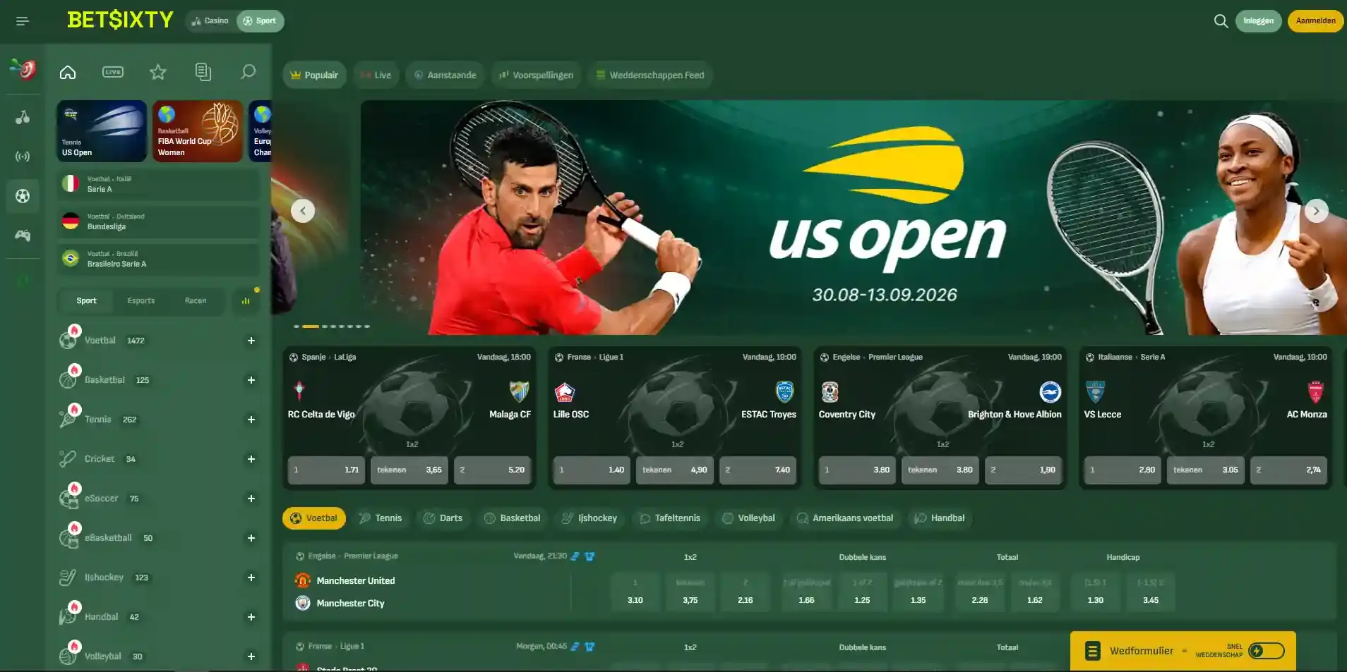 Actuele Betsixty sportsbook met sportnavigatie, pre-match en live betting interface
