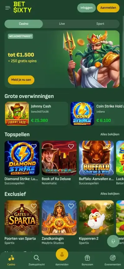 Betsixty in een mobiele browser met de echte navigatie en Casino App-route zichtbaar
