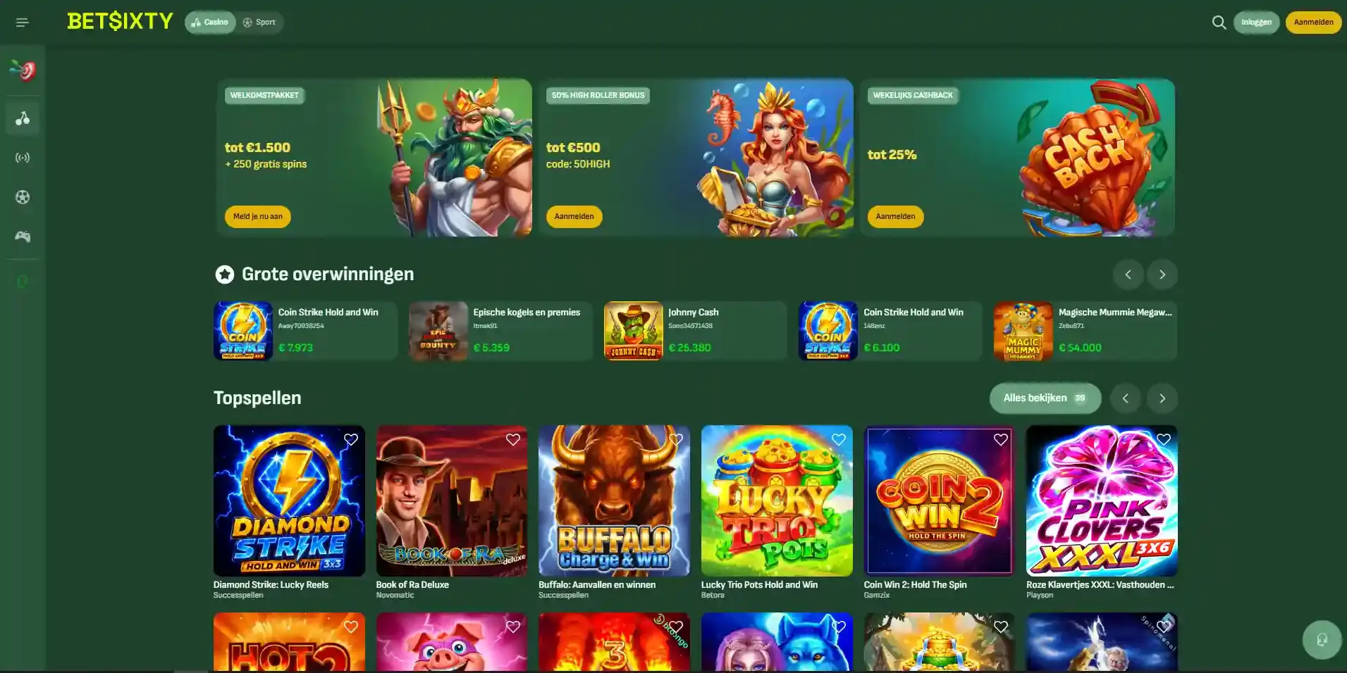 De Betsixty homepage met de casinonavigatie en het merk zichtbaar