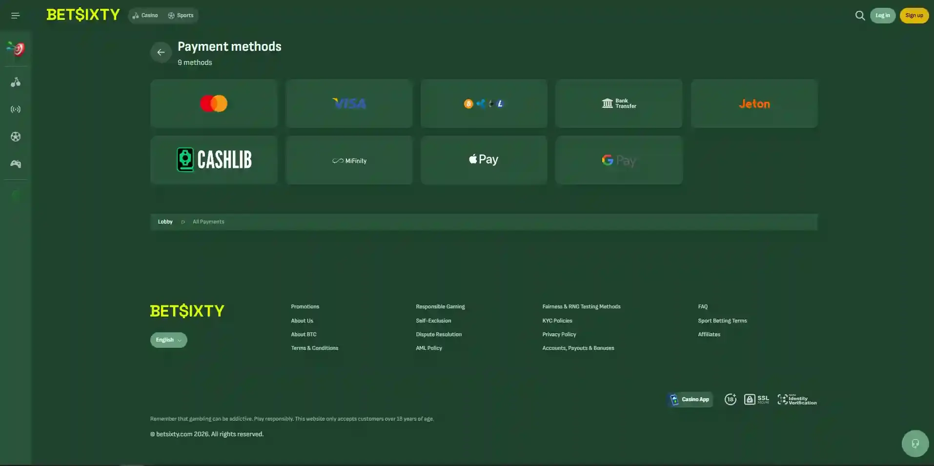 De officiële Betsixty betaalmethodenpagina met Banking, Visa, MasterCard, Crypto, Skrill en Paysafecard