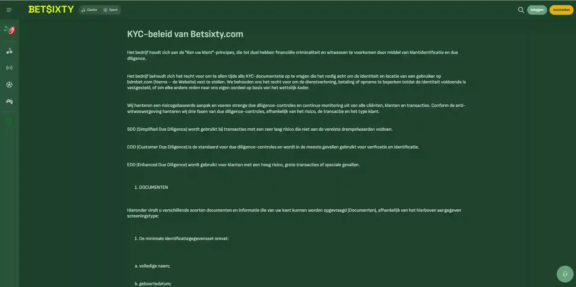 De officiële Betsixty KYC-policy met documentcategorieën en de 24-uurs reviewstap zichtbaar