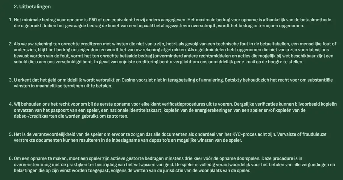 De officiële Betsixty payoutvoorwaarden met minimum opname en verwerkingstijd