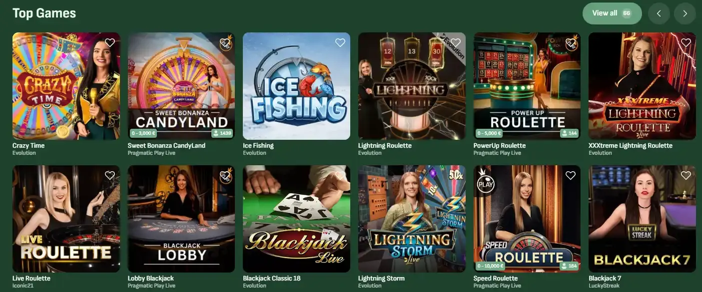 Het actuele Betsixty live casino met Evolution titels in de lobby